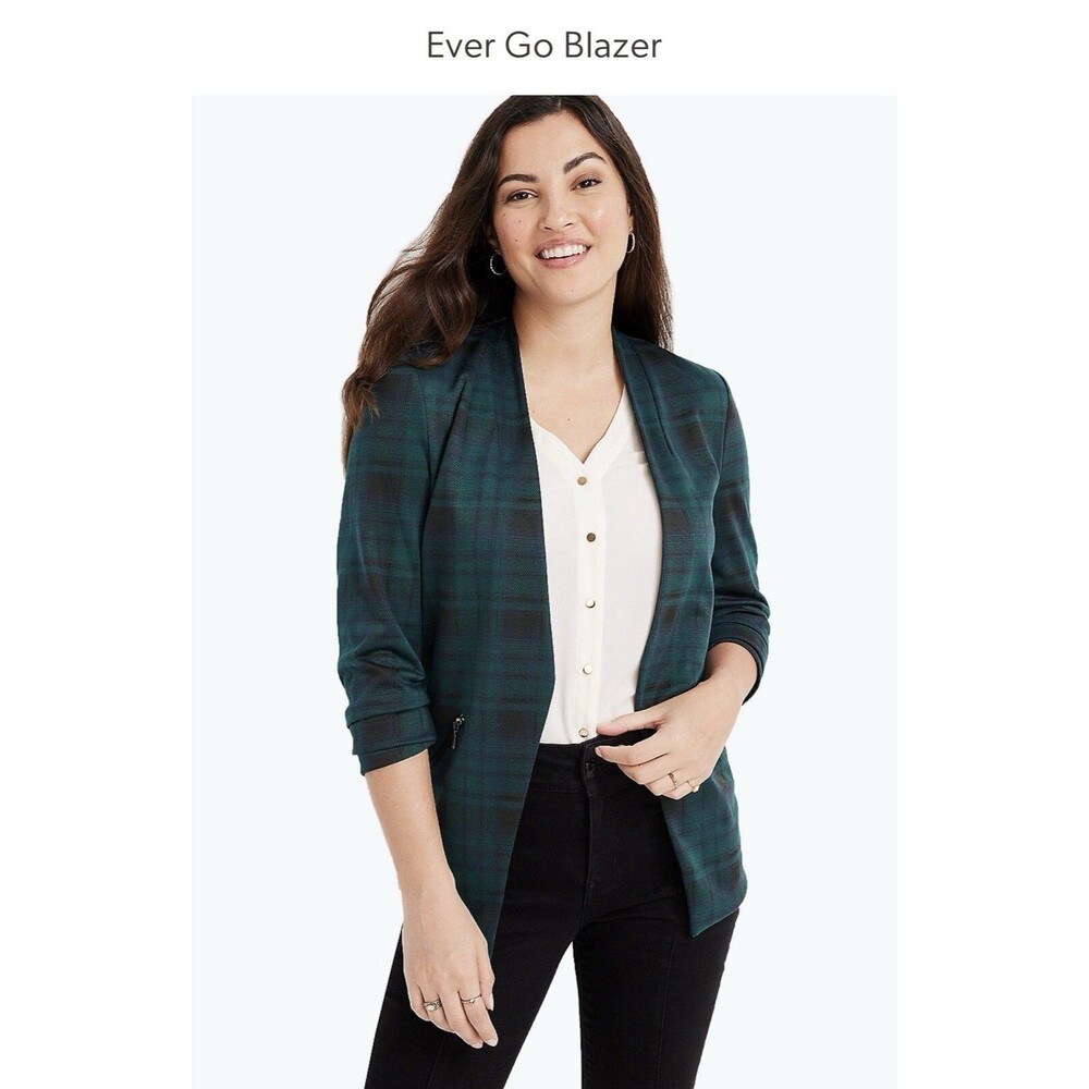 Maurices Ever Go women's blazer Green Navy open front 3/4 sleeve plaid size S
